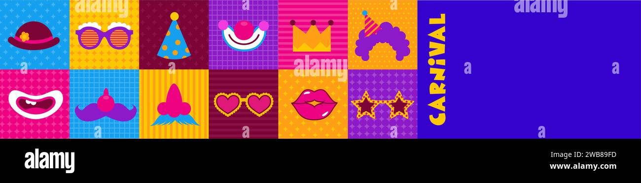 Fröhlicher Karneval, farbenfroher geometrischer Hintergrund mit Spritzern, Sprechblasen, Masken und Konfetti Stock Vektor