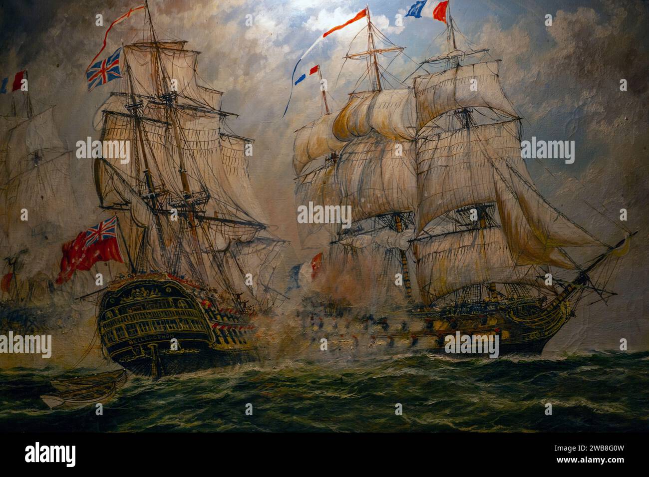 Die Seeschlacht von Trafalgar. Ein Gefecht zwischen britischem und französischem Schiff. Kampf zwischen den Franzosen Stockfoto
