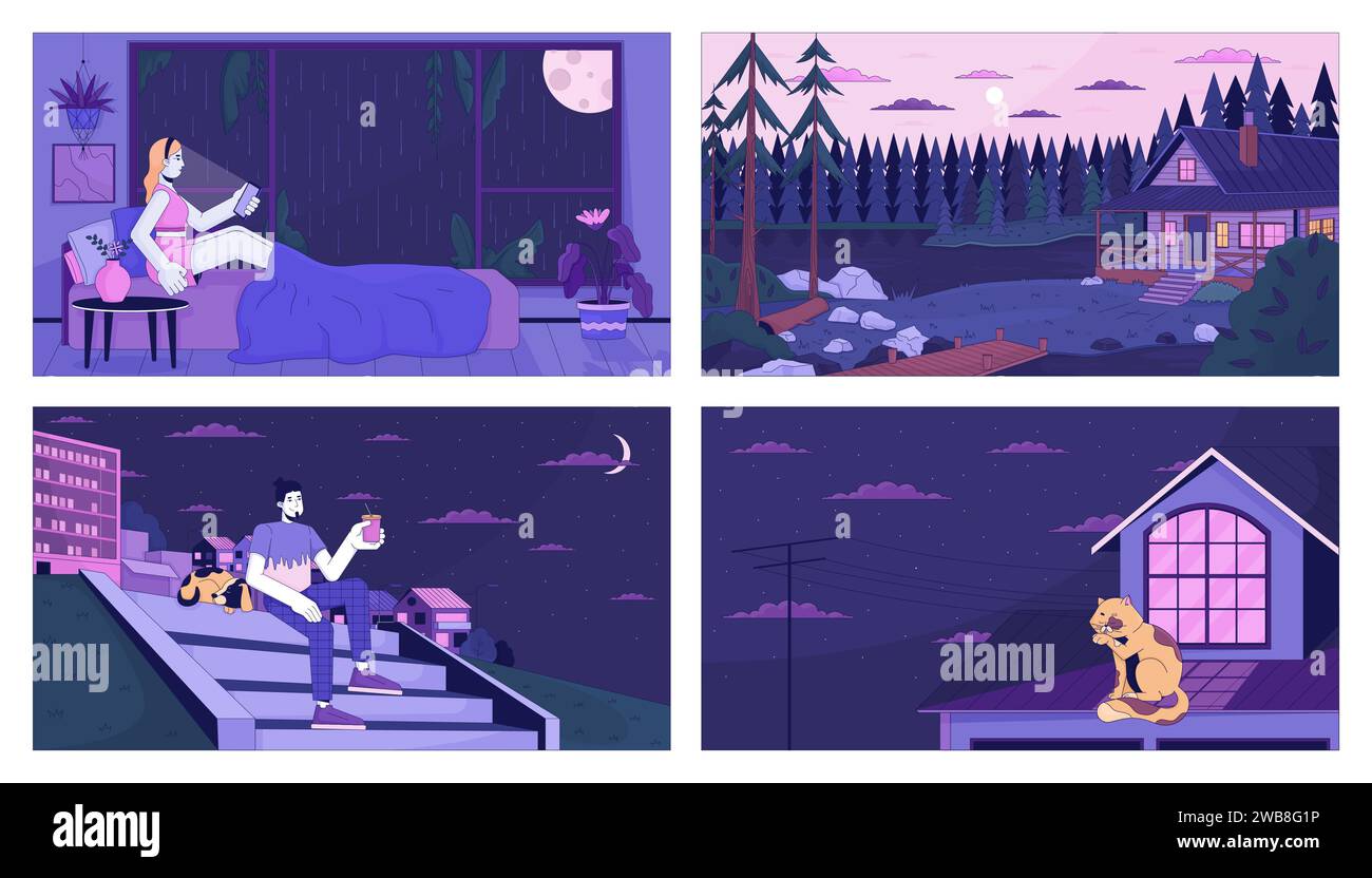 Freizeit-Set für Erwachsene mit Lofi-Tapeten in der Abenddämmerung Stock Vektor