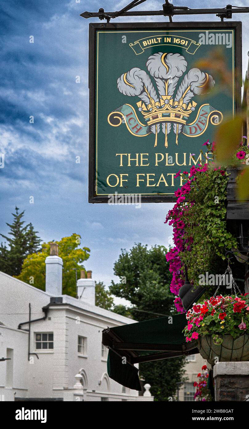 London, Greenwich - Plume von Federn - Schild außerhalb der traditionellen englischen Pub Stockfoto