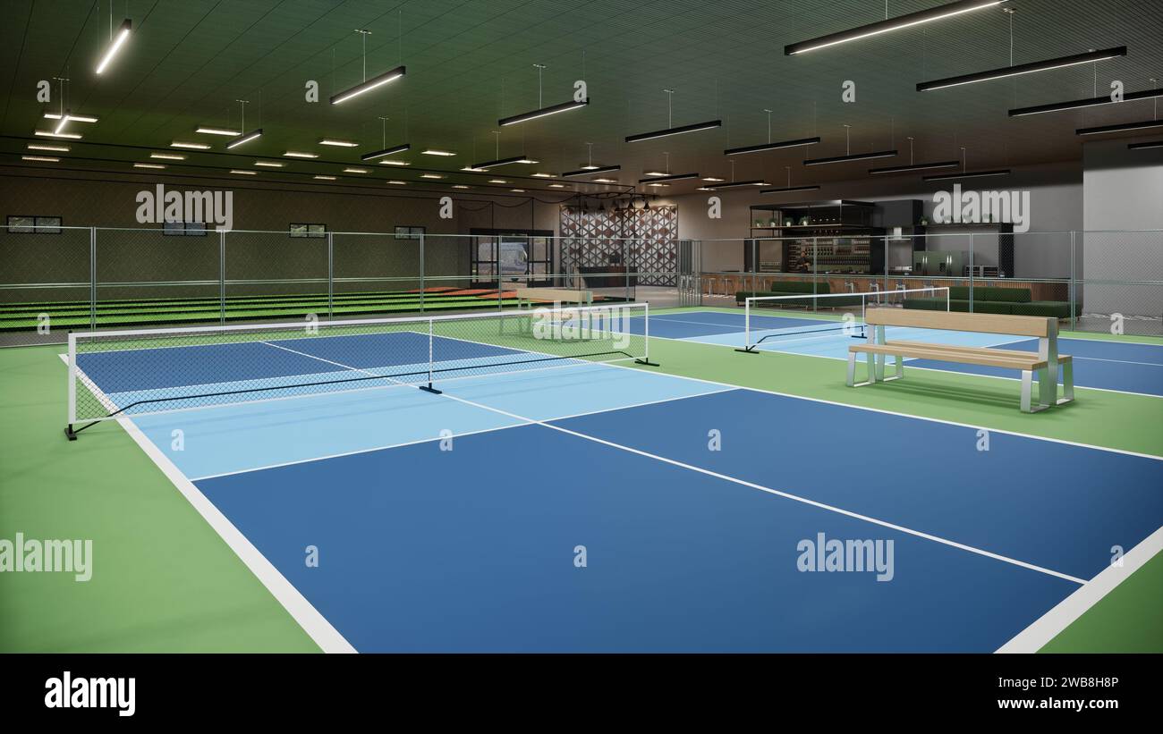 Indoor-Pickleball-Platz mit blauer und grüner Sportkomplex 3D-Rendering-Illustration Stockfoto
