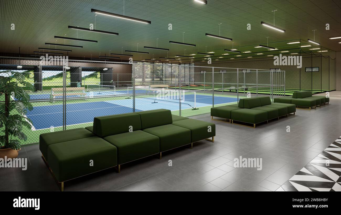Indoor-Pickleball-Platz mit blauer und grüner Sportkomplex 3D-Rendering-Illustration Stockfoto