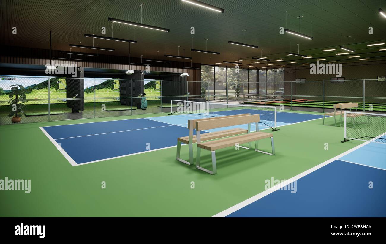 3D-Rendering für das Innere der Pickleball-Court-Illustration Stockfoto