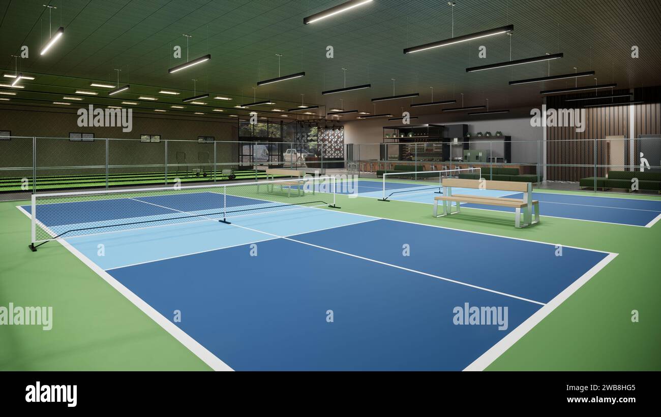 3D-Rendering für das Innere der Pickleball-Court-Illustration Stockfoto