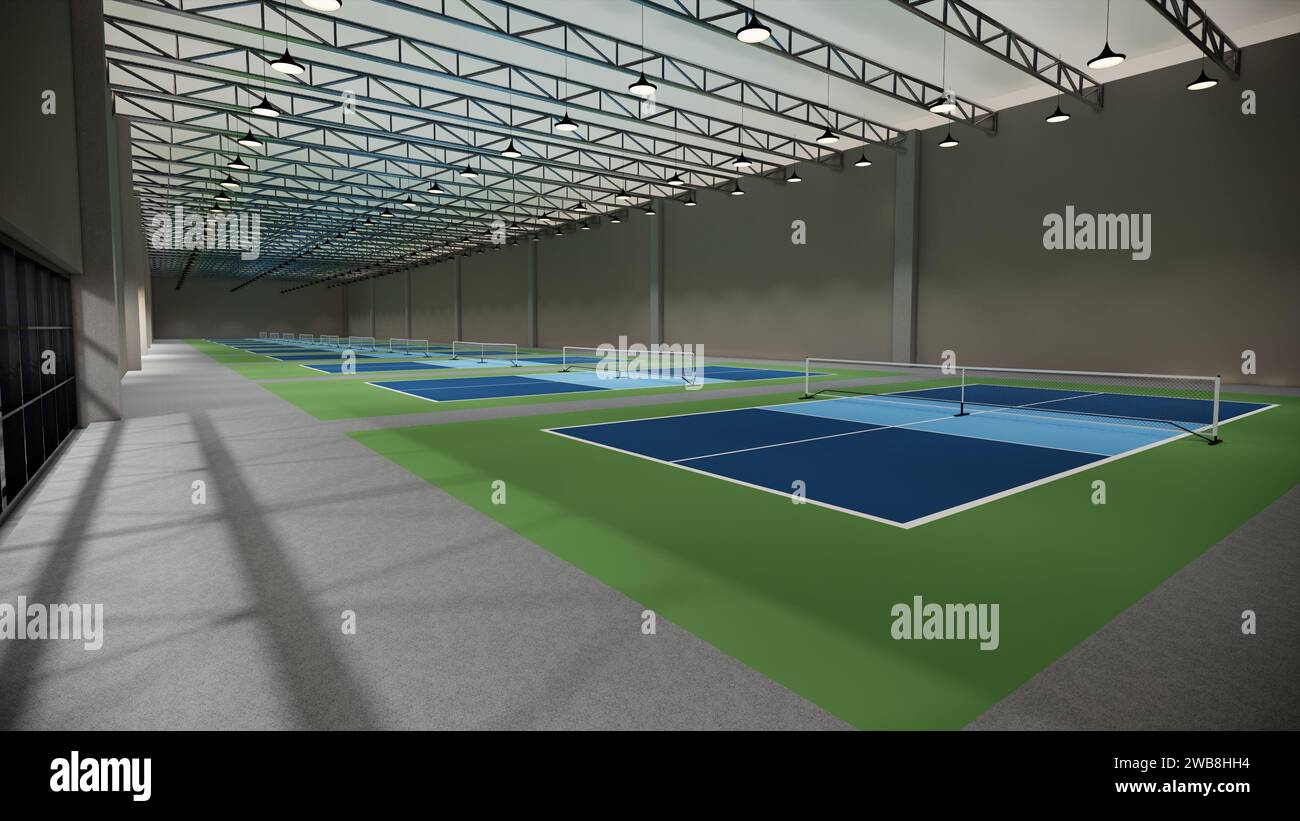3D-Rendering für das Innere der Pickleball-Court-Illustration Stockfoto