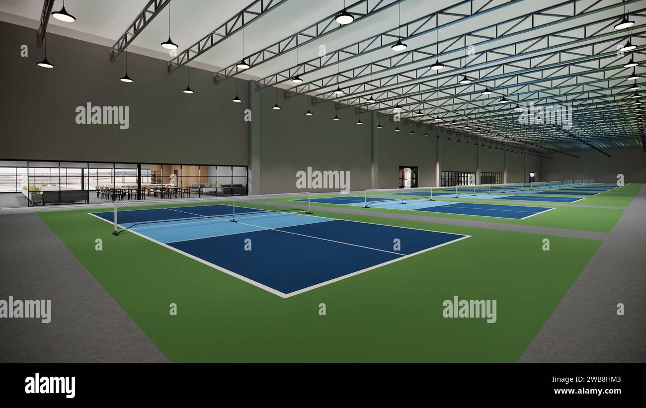 3D-Rendering für das Innere der Pickleball-Court-Illustration Stockfoto
