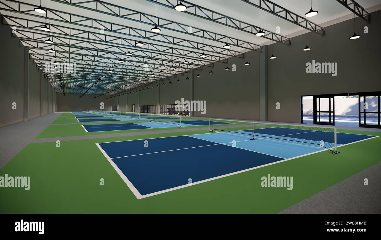 3D-Rendering für das Innere der Pickleball-Court-Illustration Stockfoto