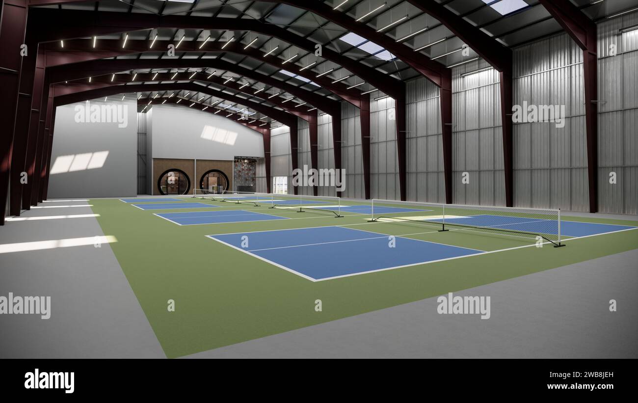 Indoor Pickleball Court im Lagergebäude in Grün und Blau Stockfoto