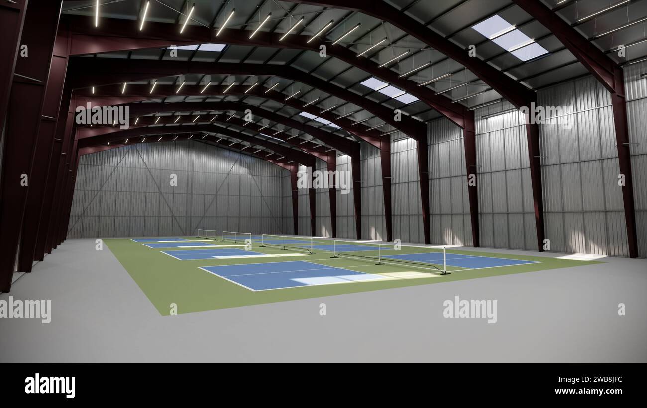 Indoor Pickleball Court im Lagergebäude in Grün und Blau Stockfoto
