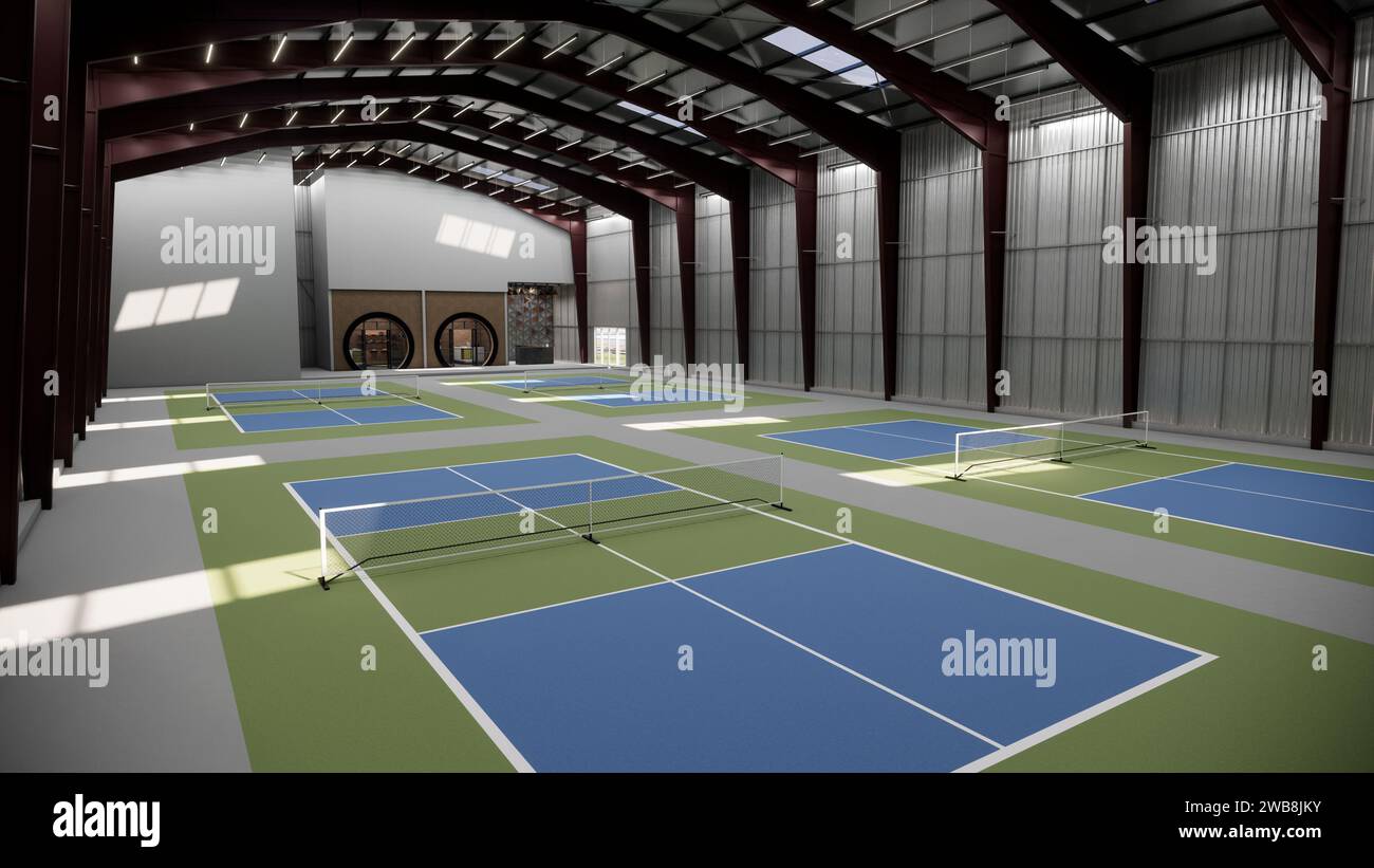 Indoor Pickleball Court im Lagergebäude in Grün und Blau Stockfoto