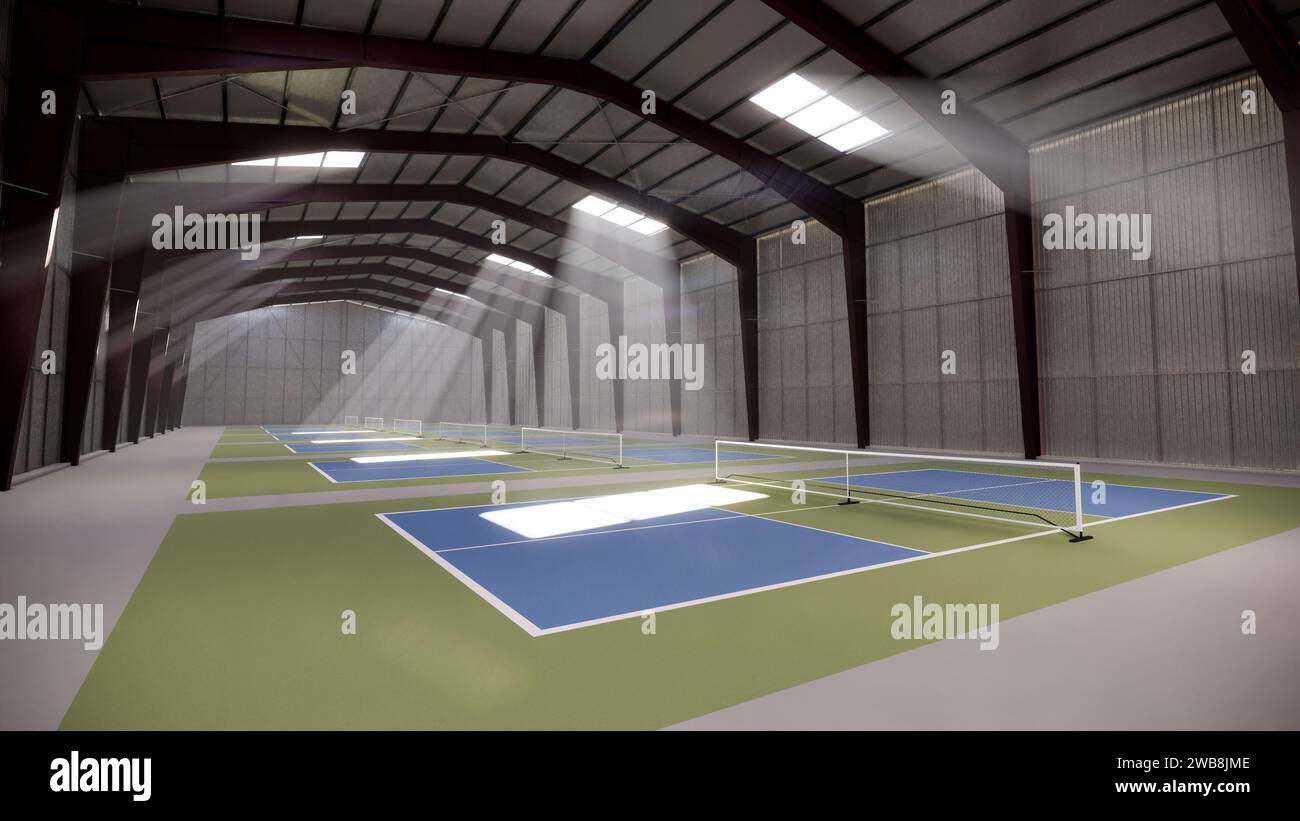 Indoor Pickleball Court im Lagergebäude in Grün und Blau Stockfoto