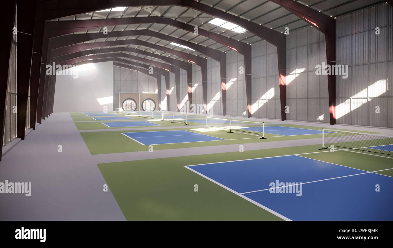 Indoor Pickleball Court im Lagergebäude in Grün und Blau Stockfoto