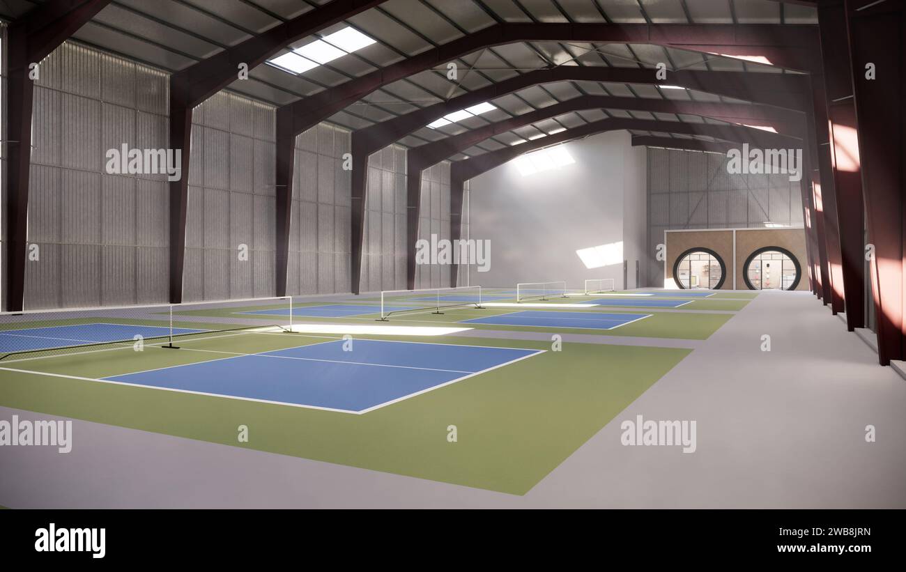 Indoor Pickleball Court im Lagergebäude in Grün und Blau Stockfoto