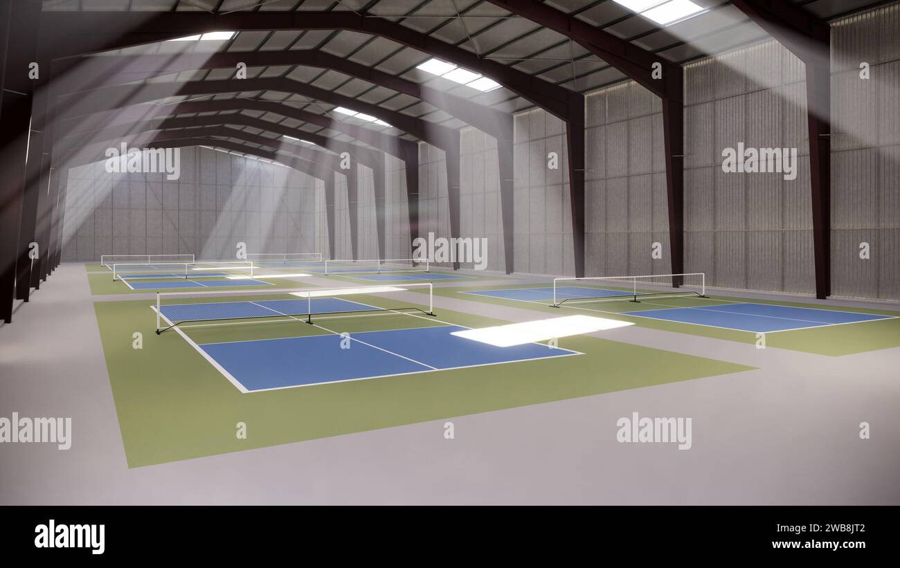 Indoor Pickleball Court im Lagergebäude in Grün und Blau Stockfoto