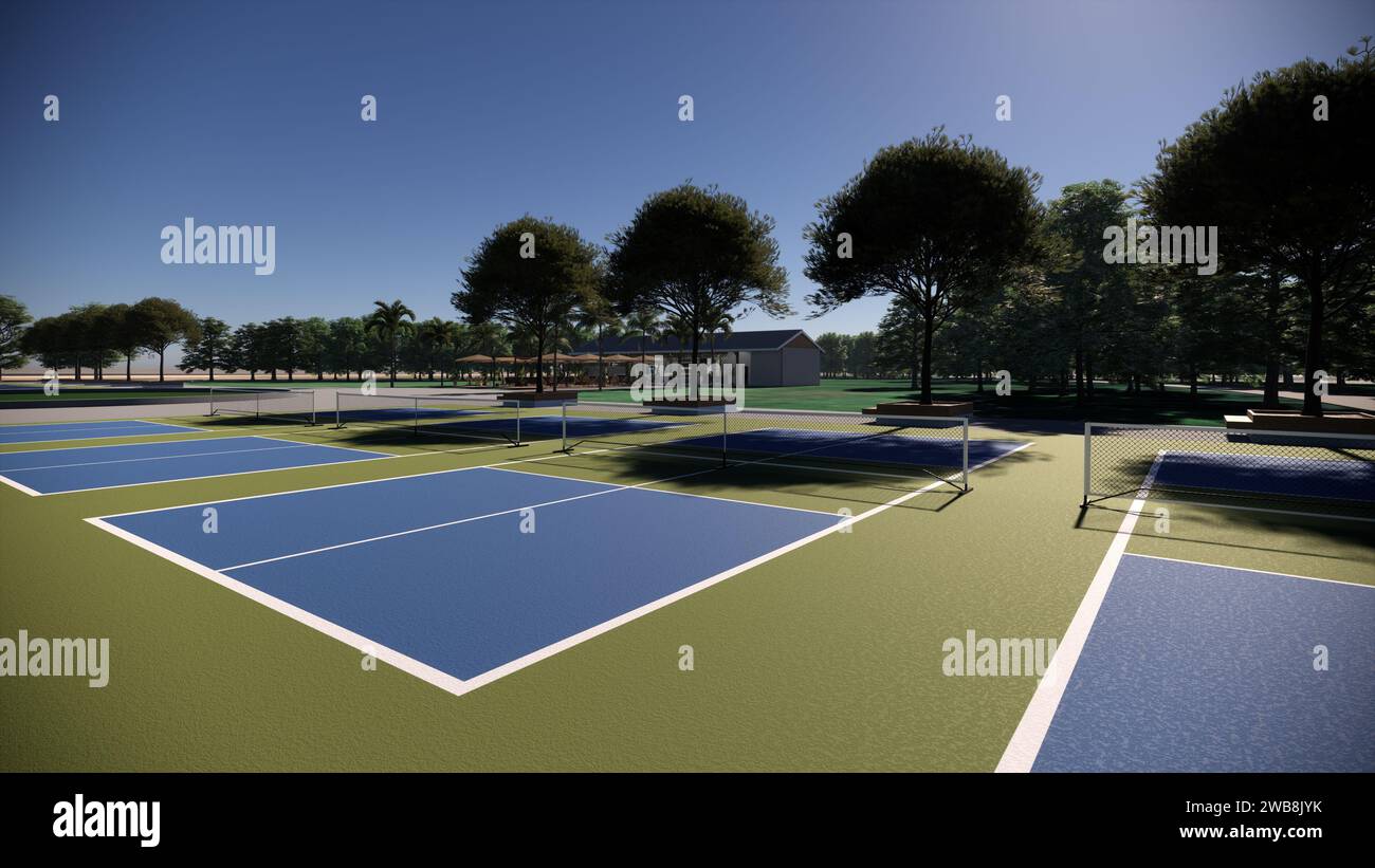 Outdoor Pickleball Court Sport 3D Rendern Landschaftsarchitektur Visualisierung Stockfoto