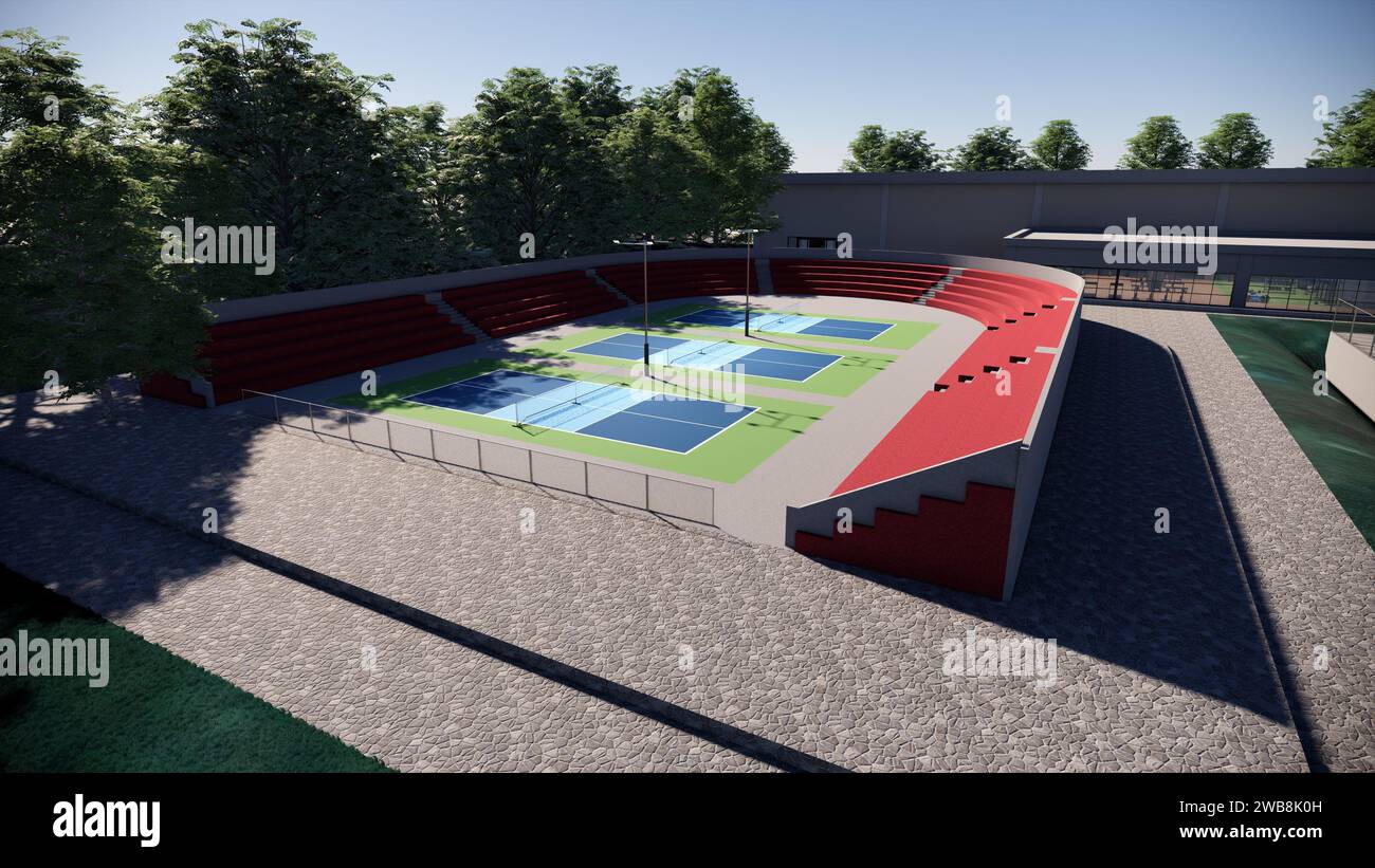 Outdoor Pickleball Court Sport 3D Rendern Landschaftsarchitektur Visualisierung Stockfoto