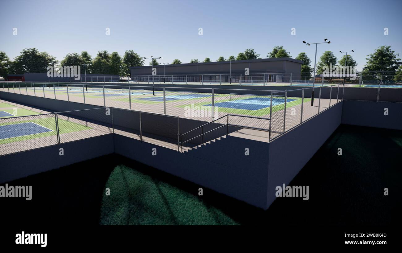 Outdoor Pickleball Court Sport 3D Rendern Landschaftsarchitektur Visualisierung Stockfoto