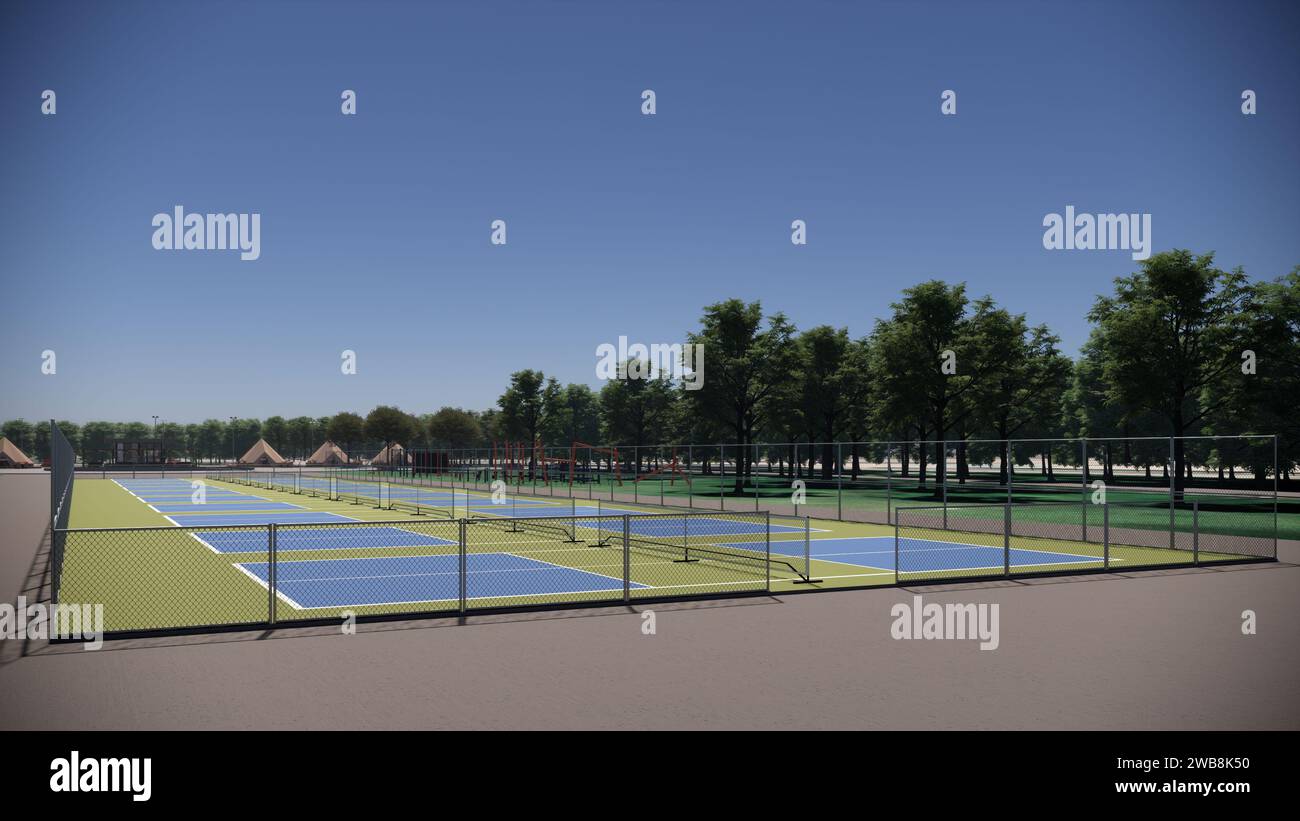Outdoor Pickleball Court Sport 3D Rendern Landschaftsarchitektur Visualisierung Stockfoto