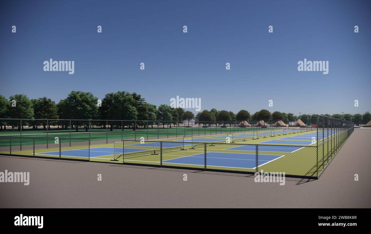 Outdoor Pickleball Court Sport 3D Rendern Landschaftsarchitektur Visualisierung Stockfoto