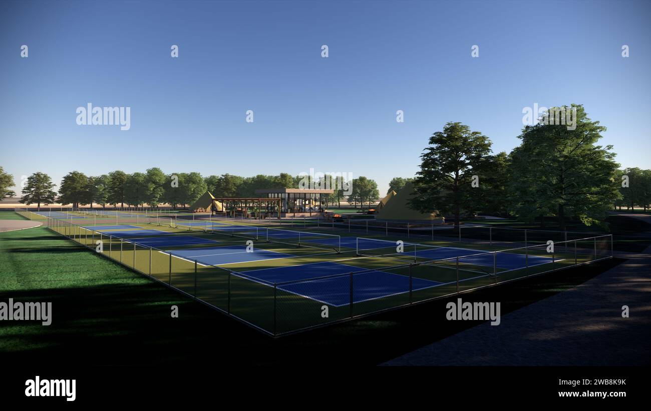 Outdoor Pickleball Court Sport 3D Rendern Landschaftsarchitektur Visualisierung Stockfoto