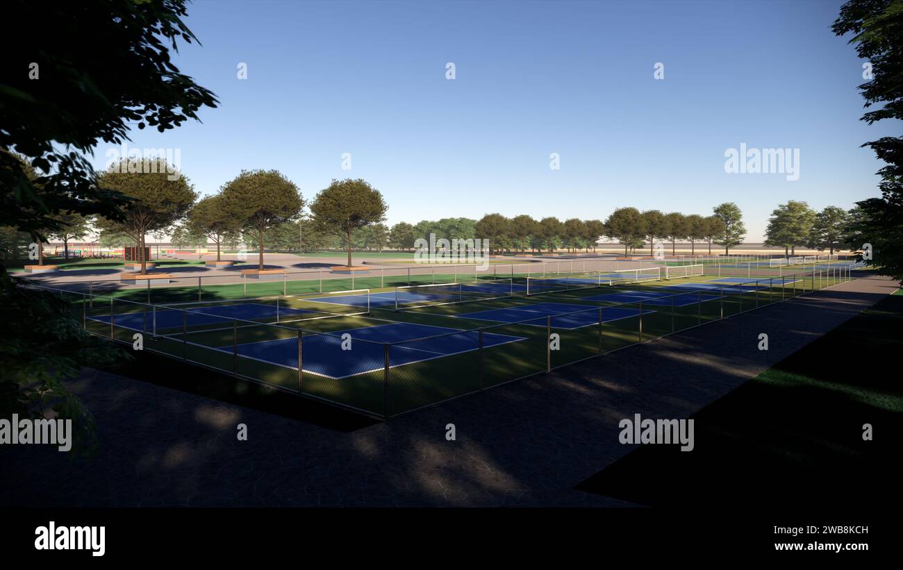 Outdoor Pickleball Court Sport 3D Rendern Landschaftsarchitektur Visualisierung Stockfoto