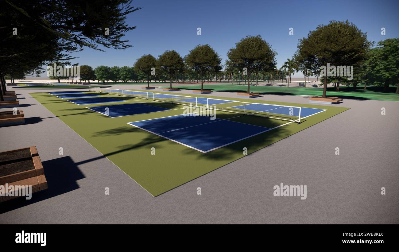 Outdoor Pickleball Court Sport 3D Rendern Landschaftsarchitektur Visualisierung Stockfoto