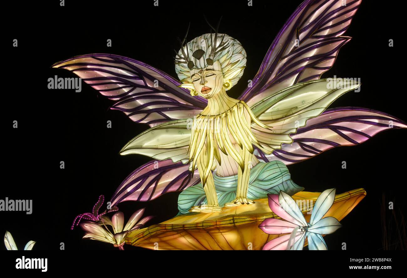 Nicht exklusiv: KIEW, UKRAINE - 06. JANUAR 2024 - Eine märchenhafte beleuchtete Installation, die während des Festivals „Lights & Dreams“ präsentiert wird. Die Geheimnisse des Lant Stockfoto