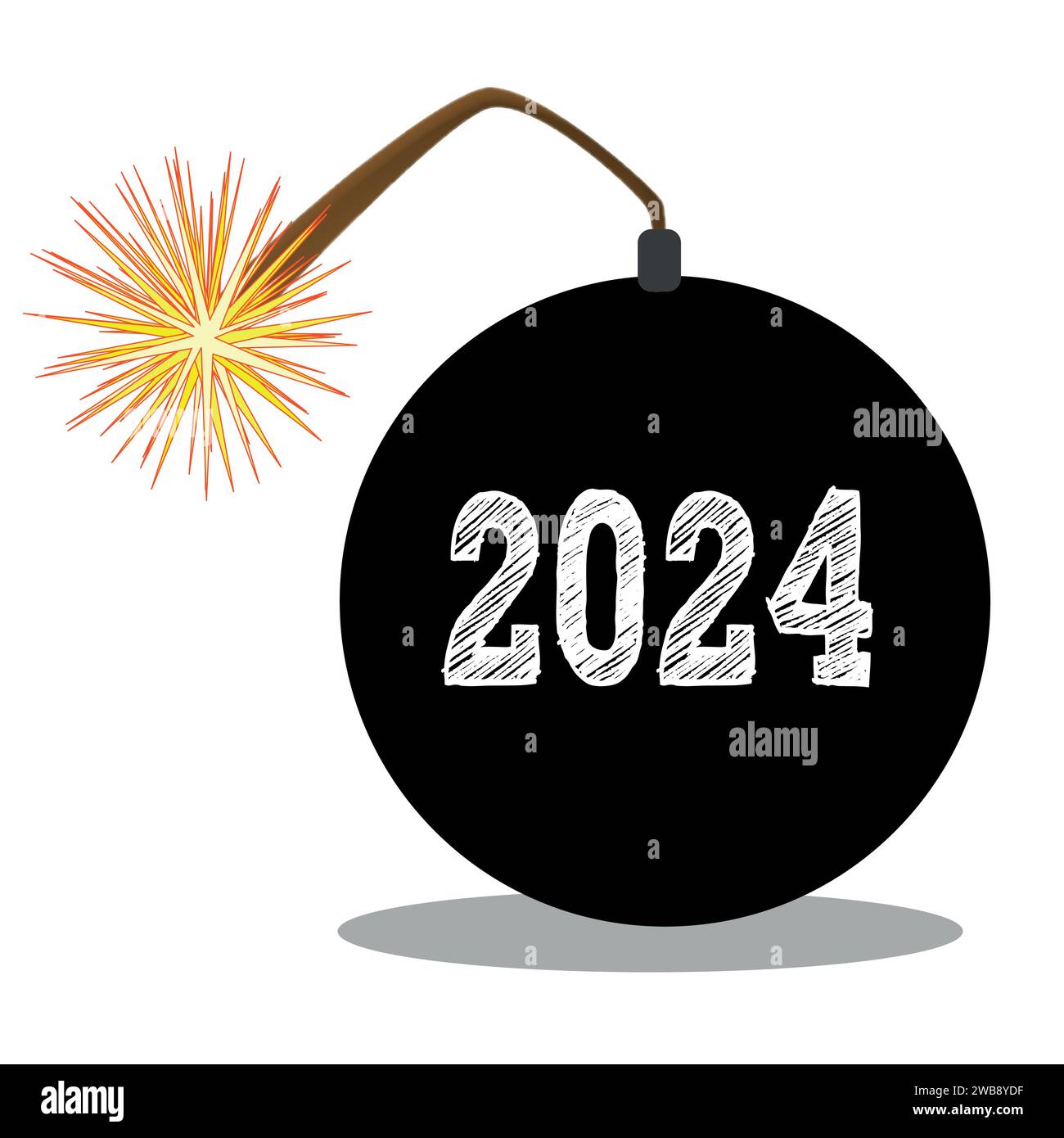 Eine Bombe im traditionellen Zeichentrickstil mit brennender Sicherung mit dem Datum von 2024 Isolaterd über weiß Stock Vektor