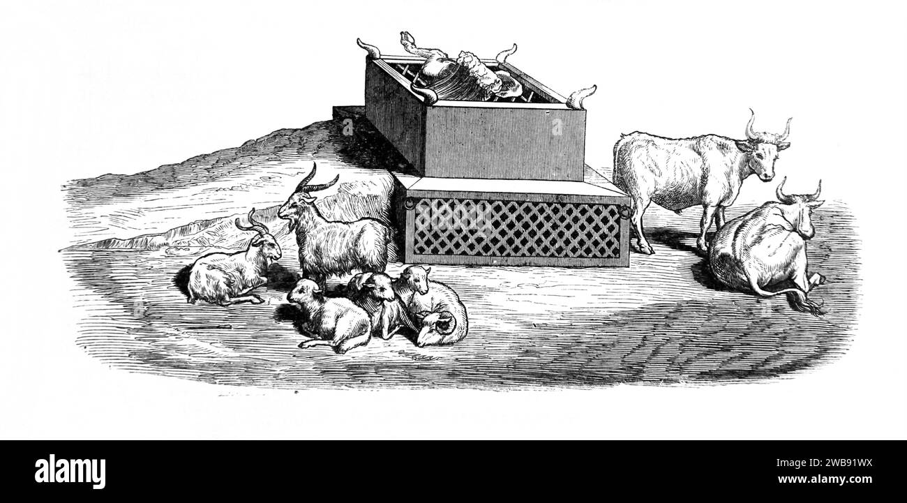 Holzgravierung des Brandopferaltars (Brazenaltar) Exodus aus der illustrierten Familienbibel Stockfoto