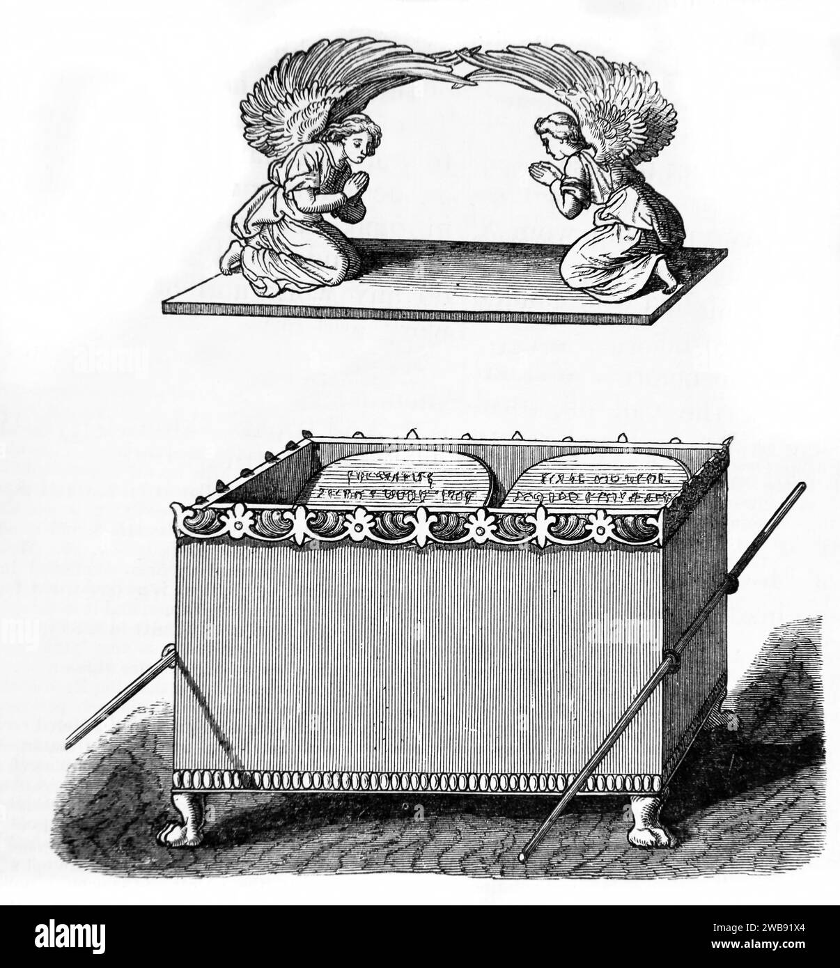 Holzgravur der Cherubim des Ruhmes, die das Barmherzigkeitsset der Bundeslade mit den Gesetztafeln aus der illustrierten Familie B beschattet Stockfoto