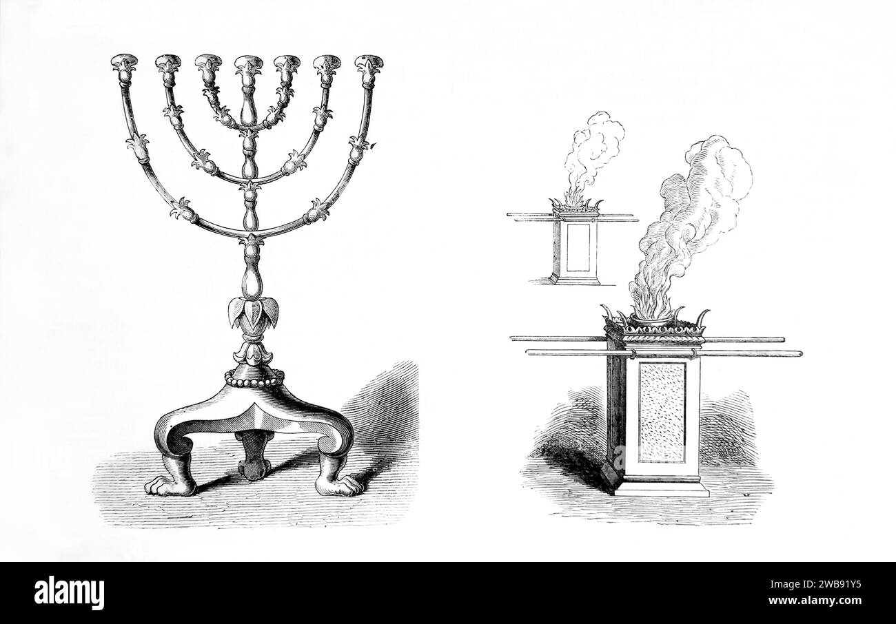 Holzstiche des Goldenen Kerzenleuchters und des Weihrauchaltars (Exodus) aus der illustrierten Familienbibel Stockfoto