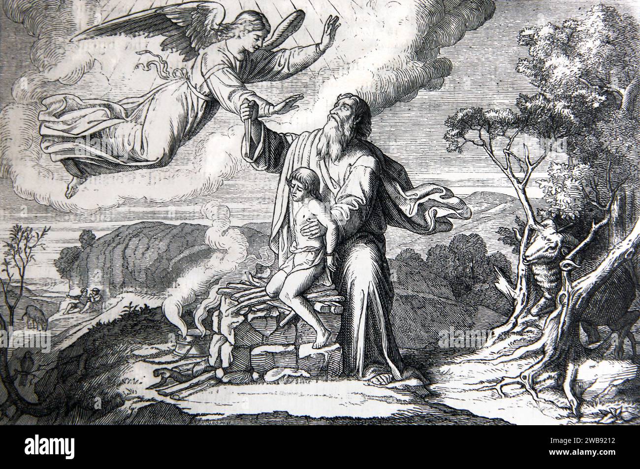 Abraham opferte Isaak und den Engel des Herrn, und Abraham streckte seine vierte Hand und nahm das Messer, um seinen Sohn und den an zu töten Stockfoto