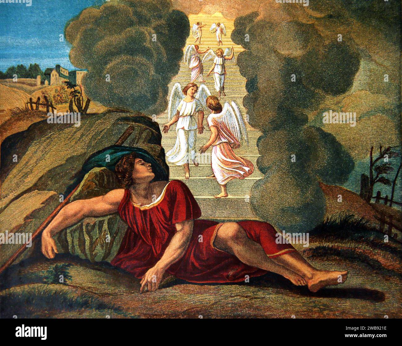 Illustration von Jakobs Traum - während er schläft, sieht Jakob einen Traum von Gott, wie Engel eine Treppe hinauf- und absteigen, die bis zum Himmel reicht (Genesis) Stockfoto