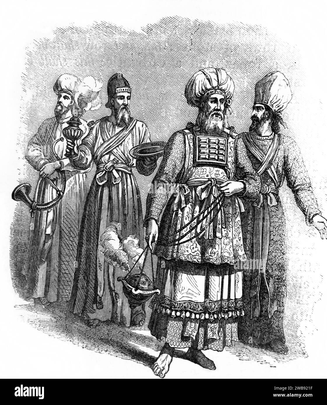 Illustration der hebräischen Hohenpriester und Priester mit Weihrauchbrenner (Thurible) am Tabernakel aus der illustrierten Familienbibel Stockfoto