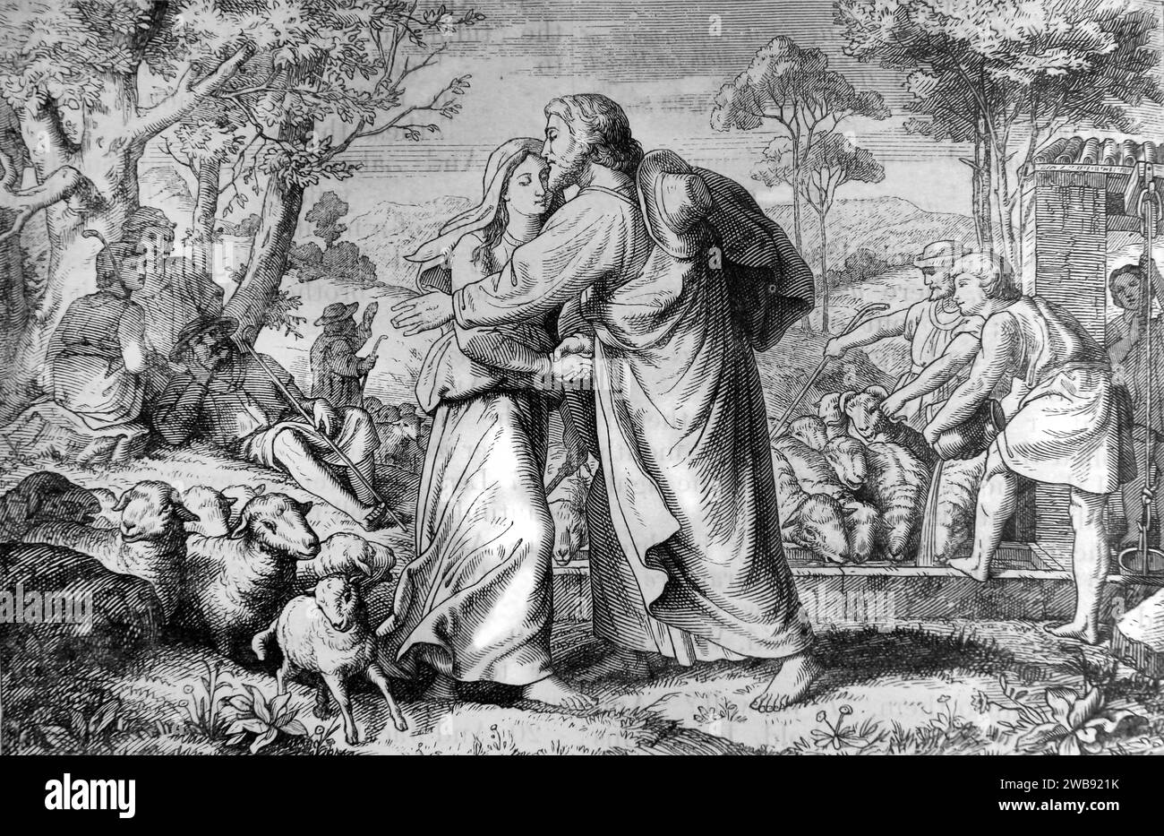 Illustration von Jacob trifft Shepherd Rachel am Brunnen von Haran Stockfoto