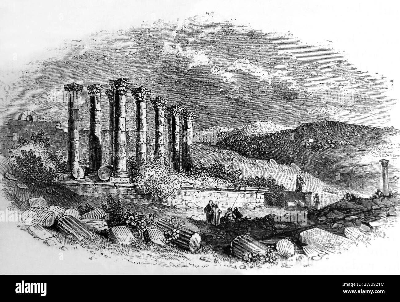 Bibelholz Gravur der römischen Ruinen von Gerash (Jerash) in den Bergen von Gilead Stockfoto