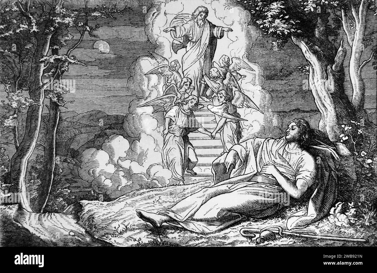 Illustration von Jakobs Traum - während er schläft, sieht Jakob einen Traum von Gott, wie Engel eine Treppe hinauf- und absteigen, die bis zum Himmel reicht (Genesis) Stockfoto
