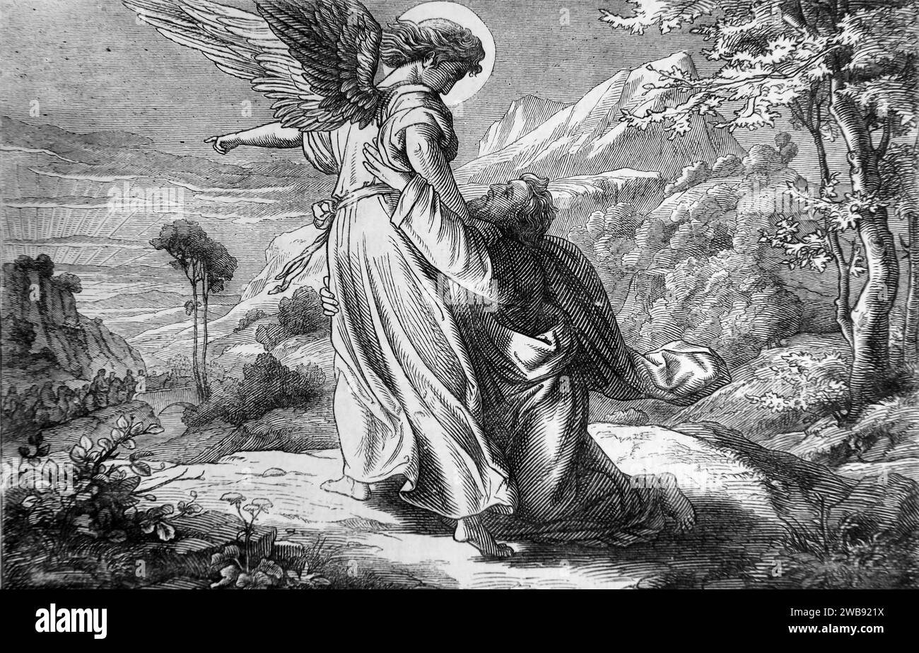 Illustration der Bibelgeschichte Jacob Wrestling with the Engel ' Lass mich gehen für den Tag, an dem es bricht' und er sagte: ' Er wird ihn nicht gehen lassen, es sei denn, du segne mich' Stockfoto