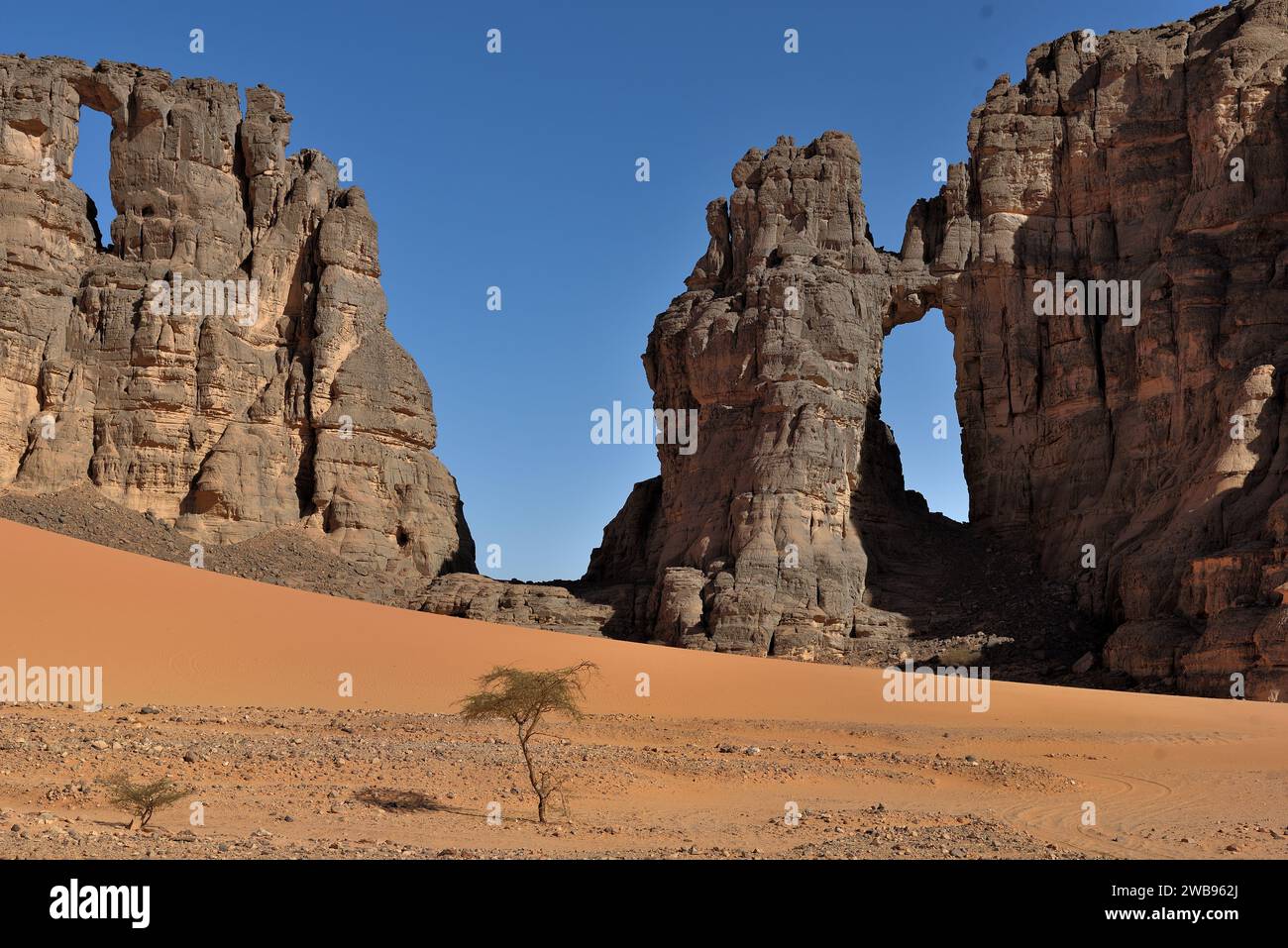 SAHARA-WÜSTE UND SANDDÜNEN UND MUSTER IN ALGERIEN RUND UM DIE DJANET-OASE Stockfoto