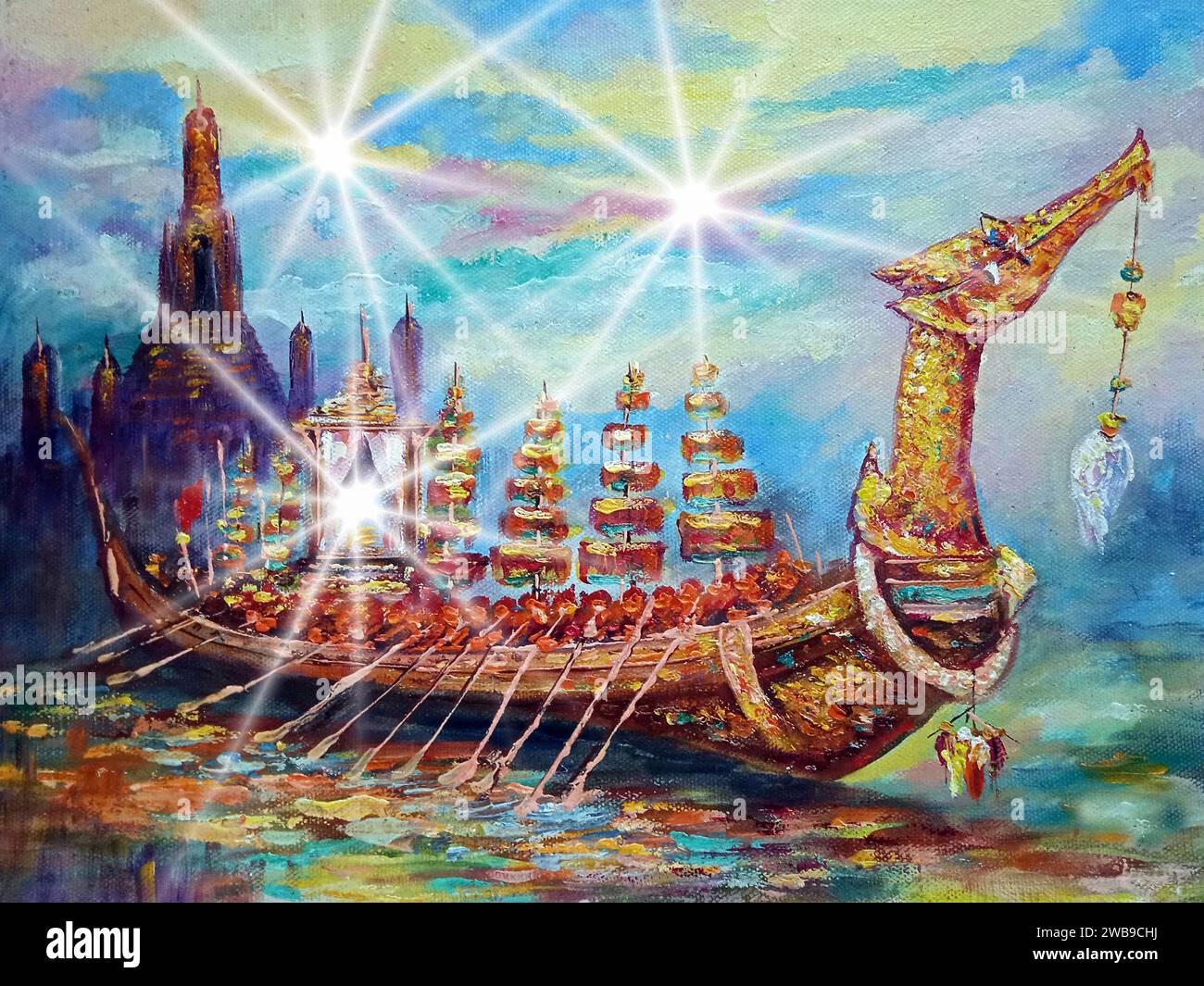 Original Kunstgemälde Ölfarbe Royal Barge Thailand Stockfoto
