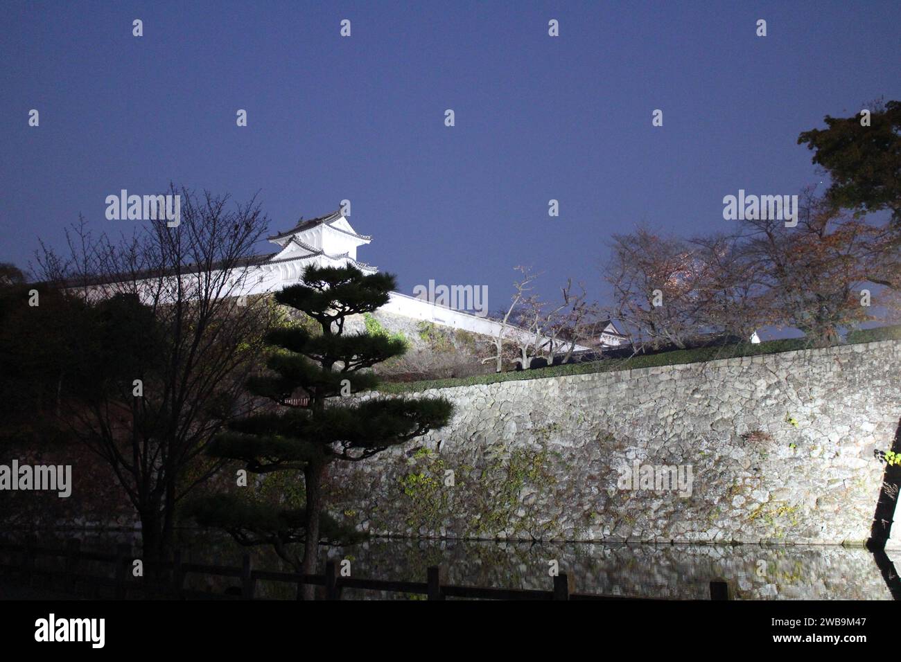 Nächtlicher Blick auf die Steinmauer der Burg Himeji in Himeji, Japan Stockfoto