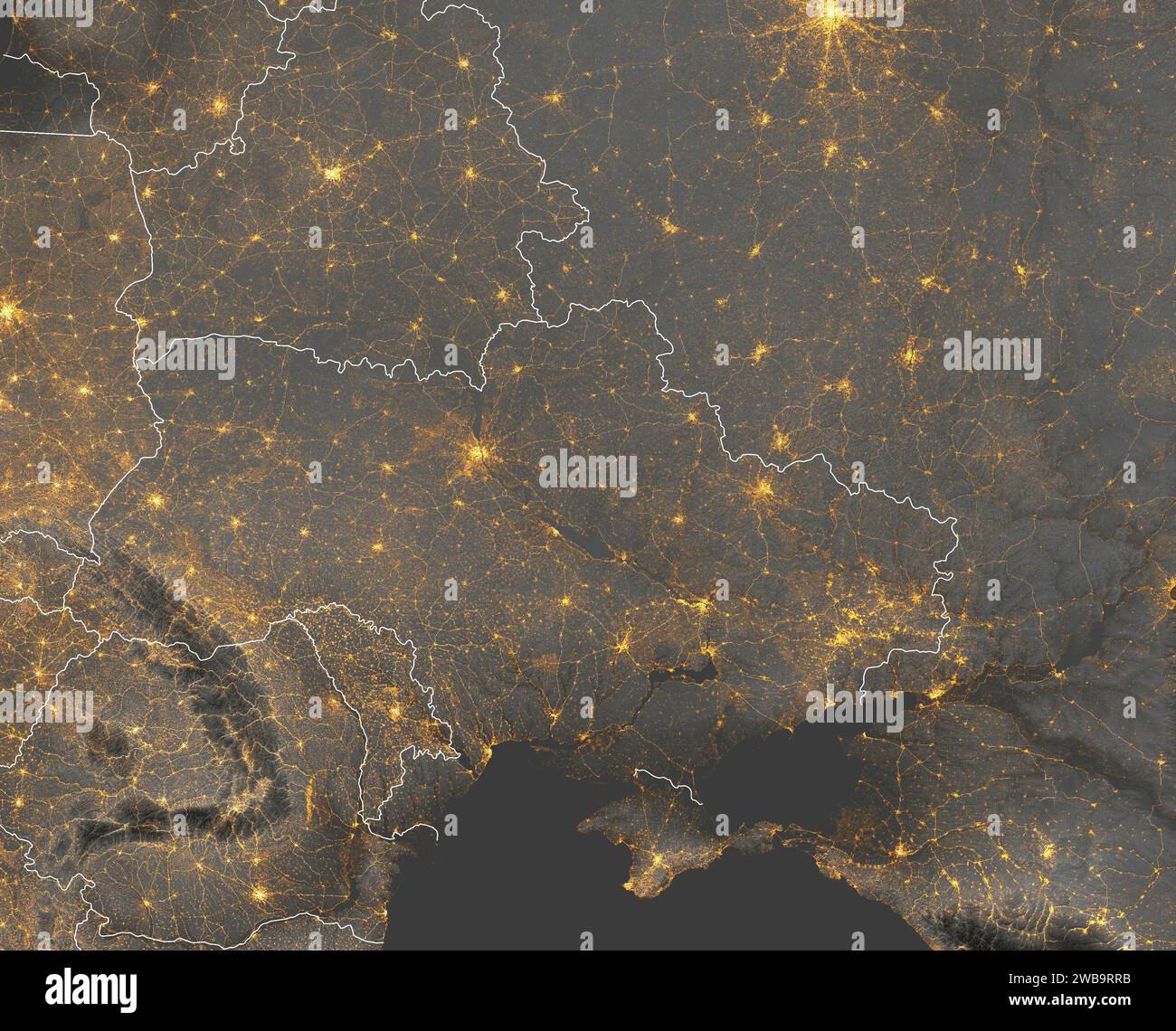 Satellitenansicht der Ukraine, des Schwarzen Meeres und der Grenzen. Stadt- und Straßenlaternen. Elemente dieses Bildes werden von der NASA bereitgestellt Stockfoto