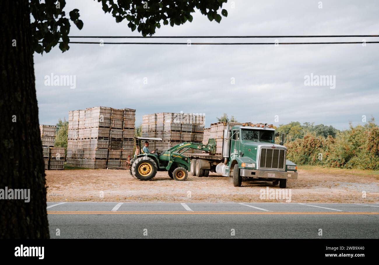 Ein großer Traktor, der mehrere große Kisten auf einem offenen Feld in Hendersonville transportiert Stockfoto