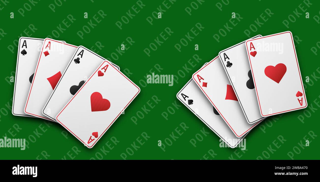 Asse mit dem Anzug aus Herzen, Schlägern, Diamanten und Pik. Ein Fan von Karten mit zwei Händen. Vetor-Abbildung. Pokerkonzept. Schwarzer Spieltisch. Stock Vektor