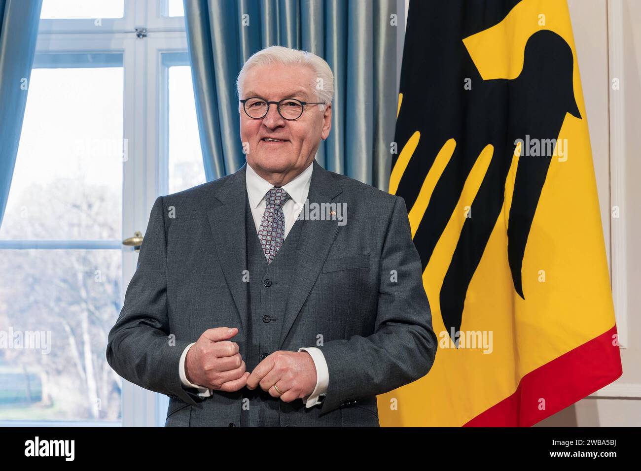 09.01.2024,Berlin,Schloss Bellevue,Neujahrsempfang des Bundespräsidenten Frank-Walter-Steinmeier für Repräsentanten des öffentlichen Lebens und rund 60 engagierte Bürgerinnen und Bürger aus allen Bundesländern.Foto:BP Frank-Walter Steinmeier *** 09 01 2024,Berlin,Schloss Bellevue,Neujahrsempfang durch Bundespräsident Frank Walter Steinmeier für Vertreter des öffentlichen Lebens und rund 60 engagierte Bürger aus allen bundesländern Foto BP Frank Walter Steinmeier Stockfoto