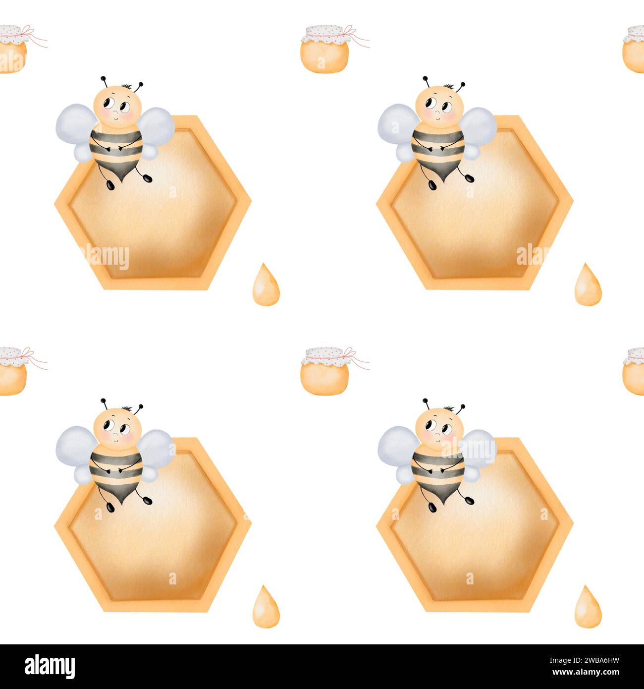 Aquarellfarben für Bienen und Waben, Glas mit Honig und Tropfen nahtlose Muster. Niedliches Muster zum Bedrucken von Textilien und Tapeten für Kinder. Hand Stockfoto