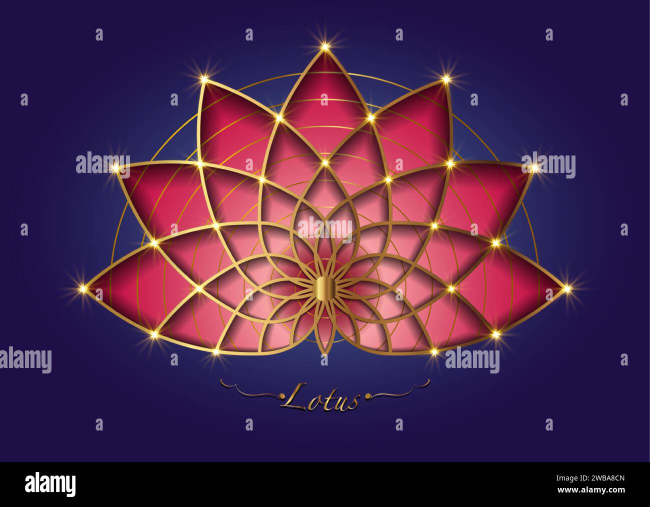 Rote Lotusblüte, Mandala mit heiliger Geometrie, stilisiertes kreisförmiges Ornament, goldenes Blumenlogo. Blumenblüten Symbole von Yoga, Spa, Schönheitssalon, Stock Vektor