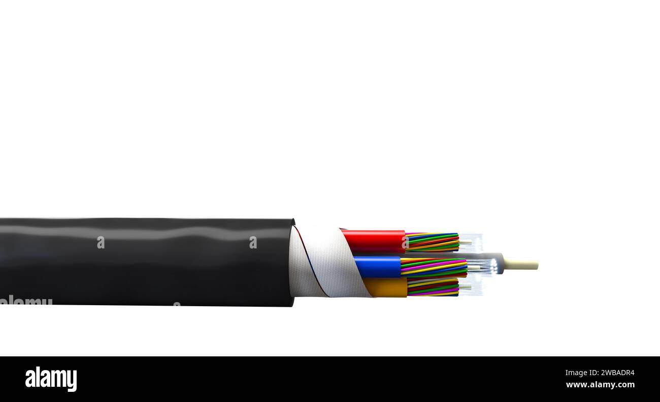 Horizontales LWL-Kabel isoliert auf weiß. 3D-Rendering. Stockfoto