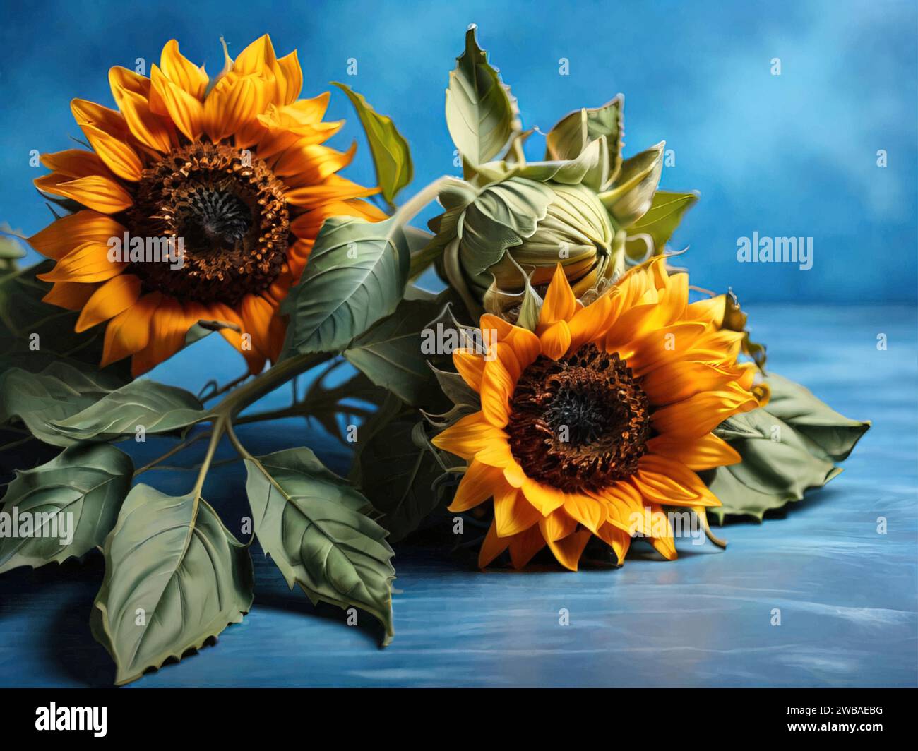 Schöne Sonnenblume auf blauem Hintergrund. Stock Vektor