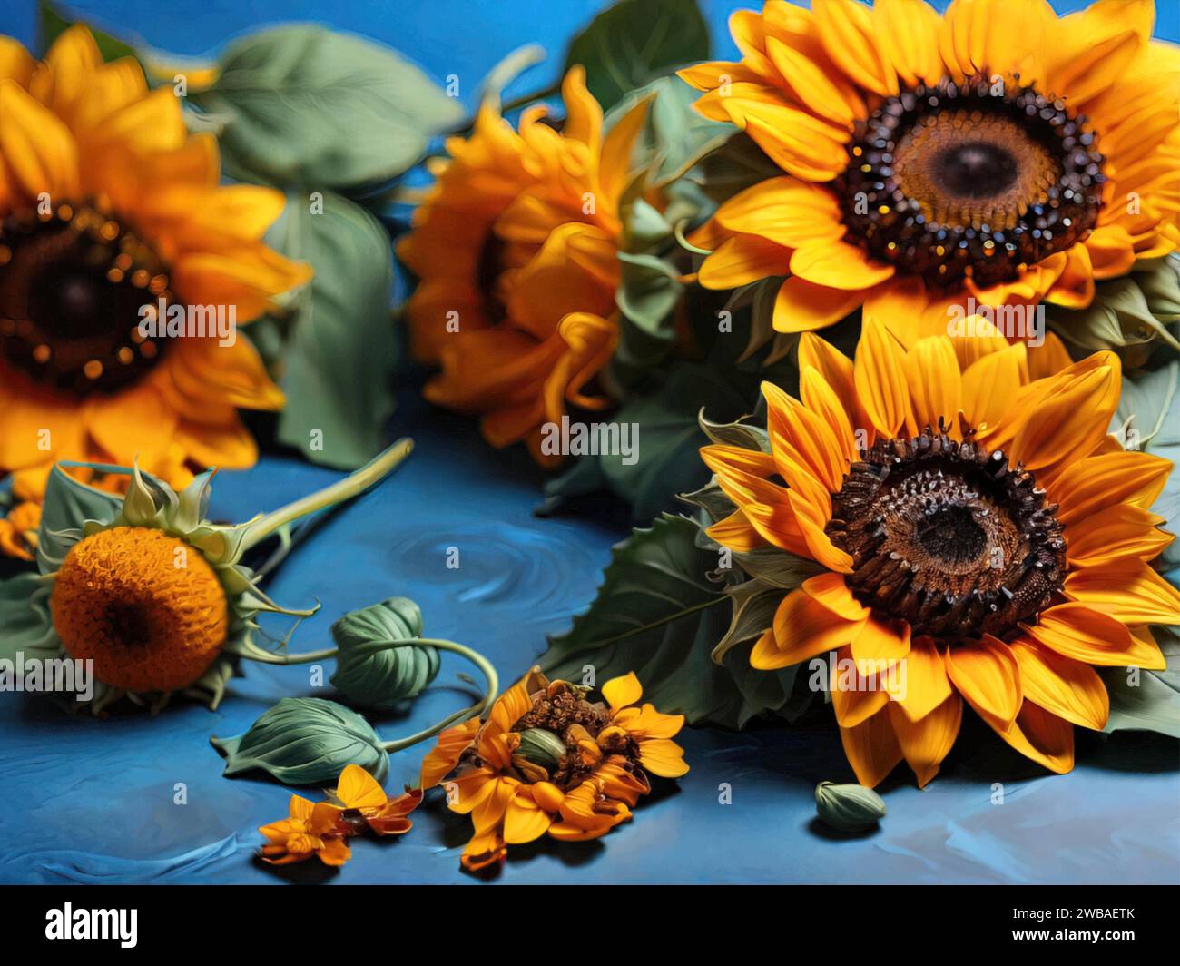 Schöne Sonnenblume auf blauem Hintergrund. Stock Vektor
